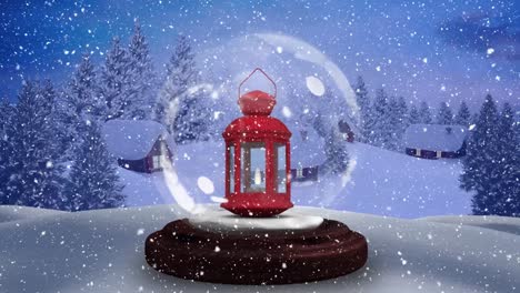 Animation-of-snow-globe-with-lantern-and-winter-scenery-with-snow-falling-over-trees-and-houses