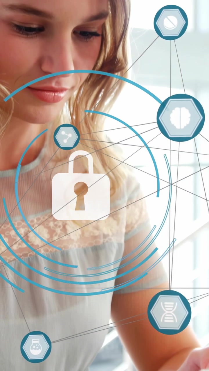 Vertical video: Woman tapping tablet animating health hexes, forming lock, confirming secure data