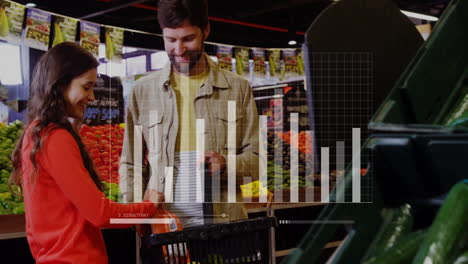 shopping in grocery store, couple with basket over bar chart animation