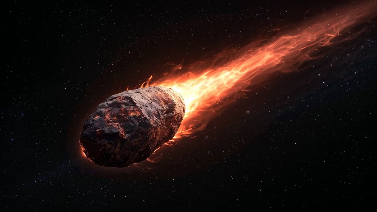 Scia di plasma incandescente che riscalda una roccia meteorica, disperdendo braci ed esponendo crepe in un campo stellare