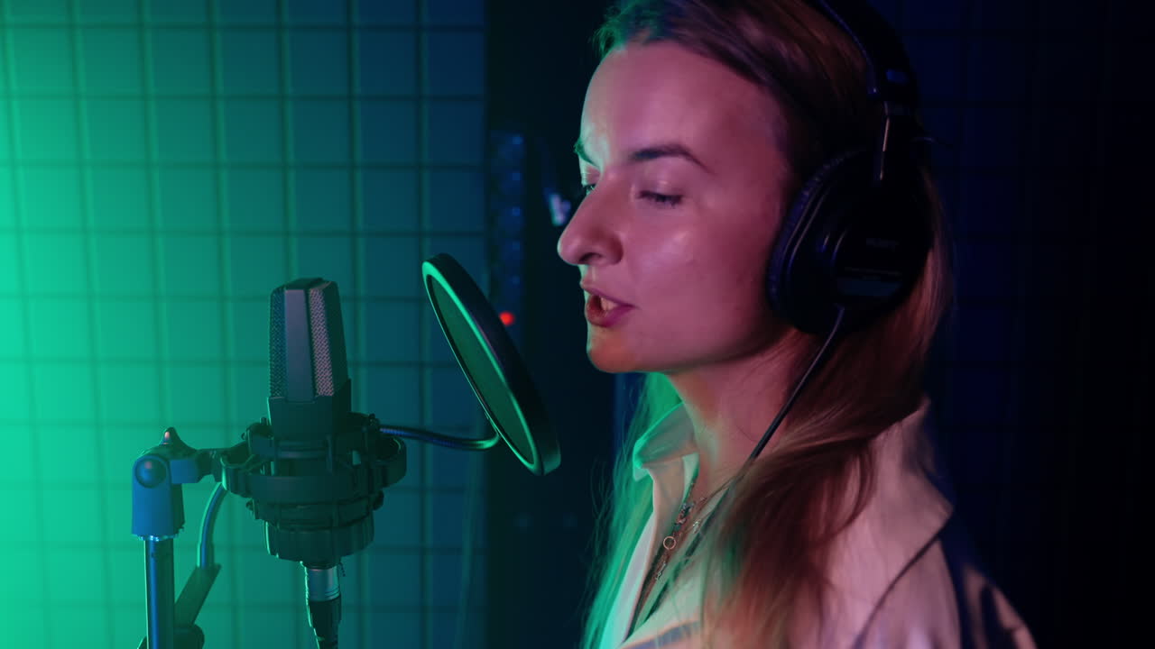 녹음 스튜디오 에서 마이크 로 노래 하는 여자