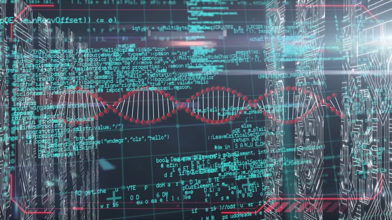 Animation of dna strand spinning and data processing over computer servers