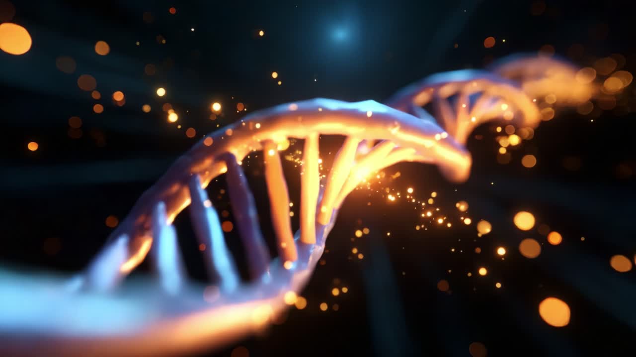 A Captivating Visualization of DNA Helix: A Stunning 3D Representation Showcasing the Twisting Structure of Genetic Material Illuminated by a Shower of Radiant Sparks Amidst a Dark Background