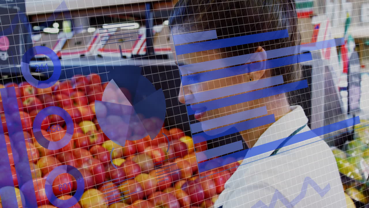 데이터 처리의 애니메이션과 카우카스 여성 쇼핑에 대한 다이어그램