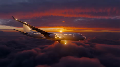 commercial airplane flying through clouds at sunset