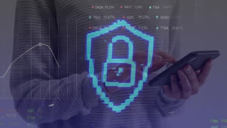 security padlock icon and stock market data processing over mid section of a woman using smartphone