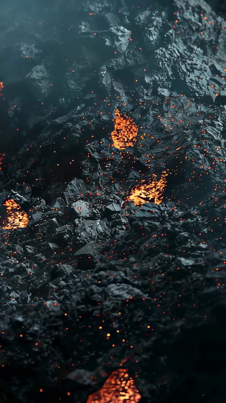 Vertical video: Panning camera showing air-cooling lava flow flickering molten pools, rising embers