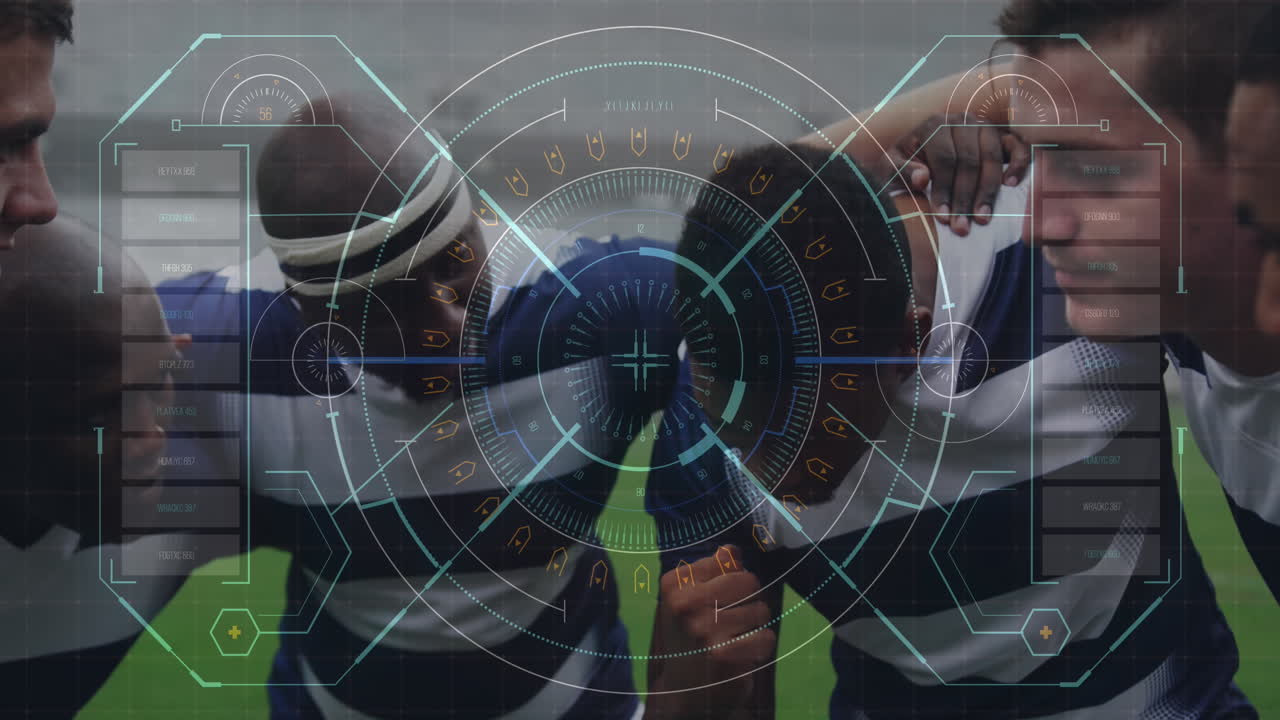 럭비 선수 위에 회전하는 안전 잠금과 함께 디지털 인터페이스의 애니메이션