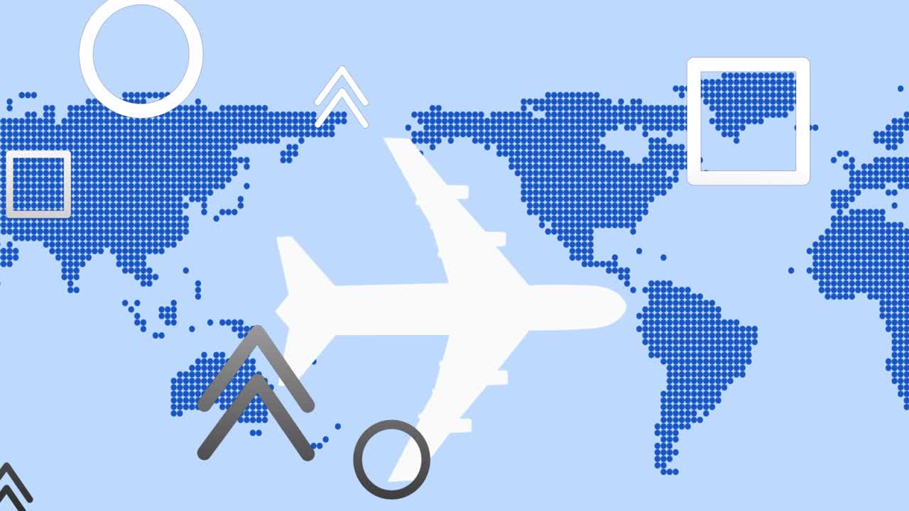 animación de aviones y formas volando sobre el mapa del mundo