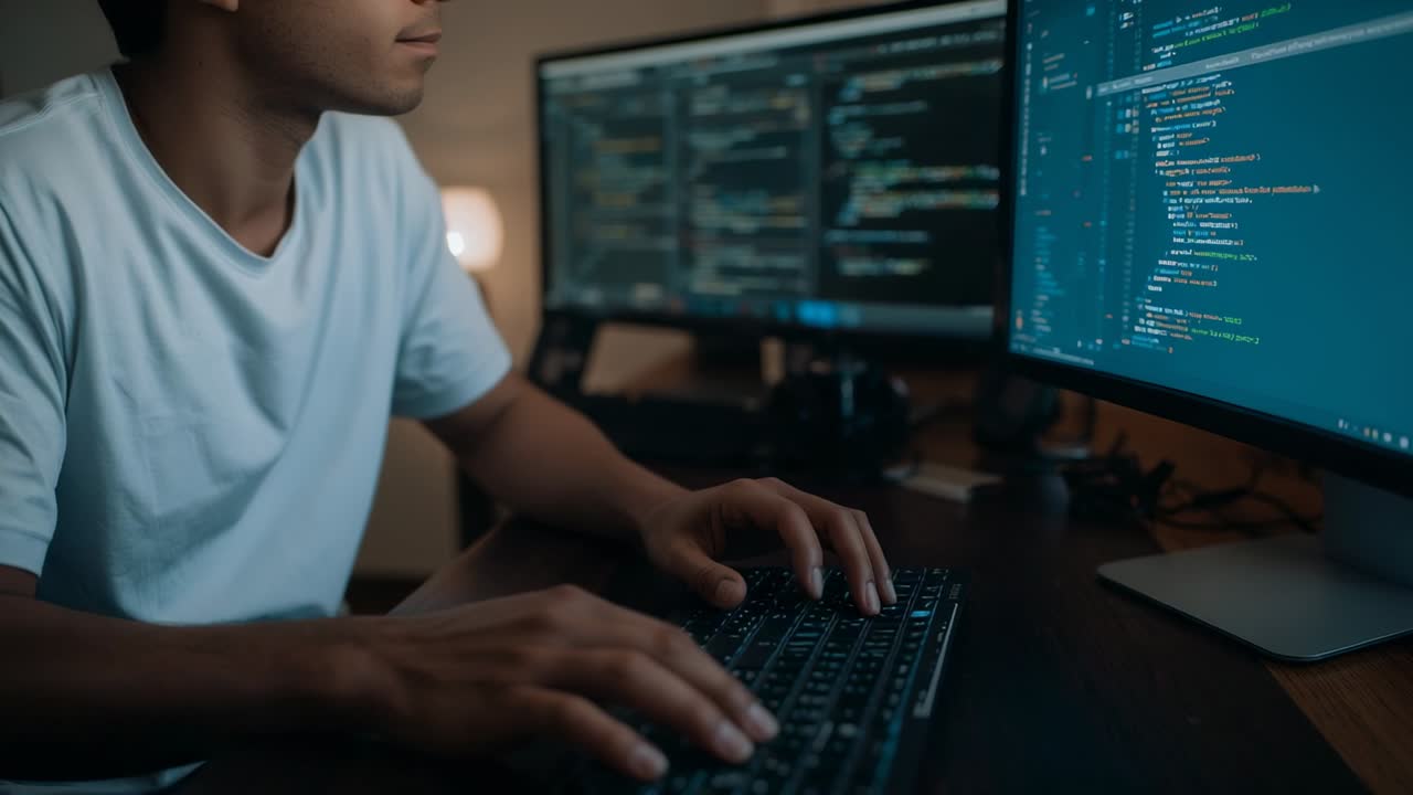 Adjusting posture male programmer typing code on keyboard at home office scanning monitors