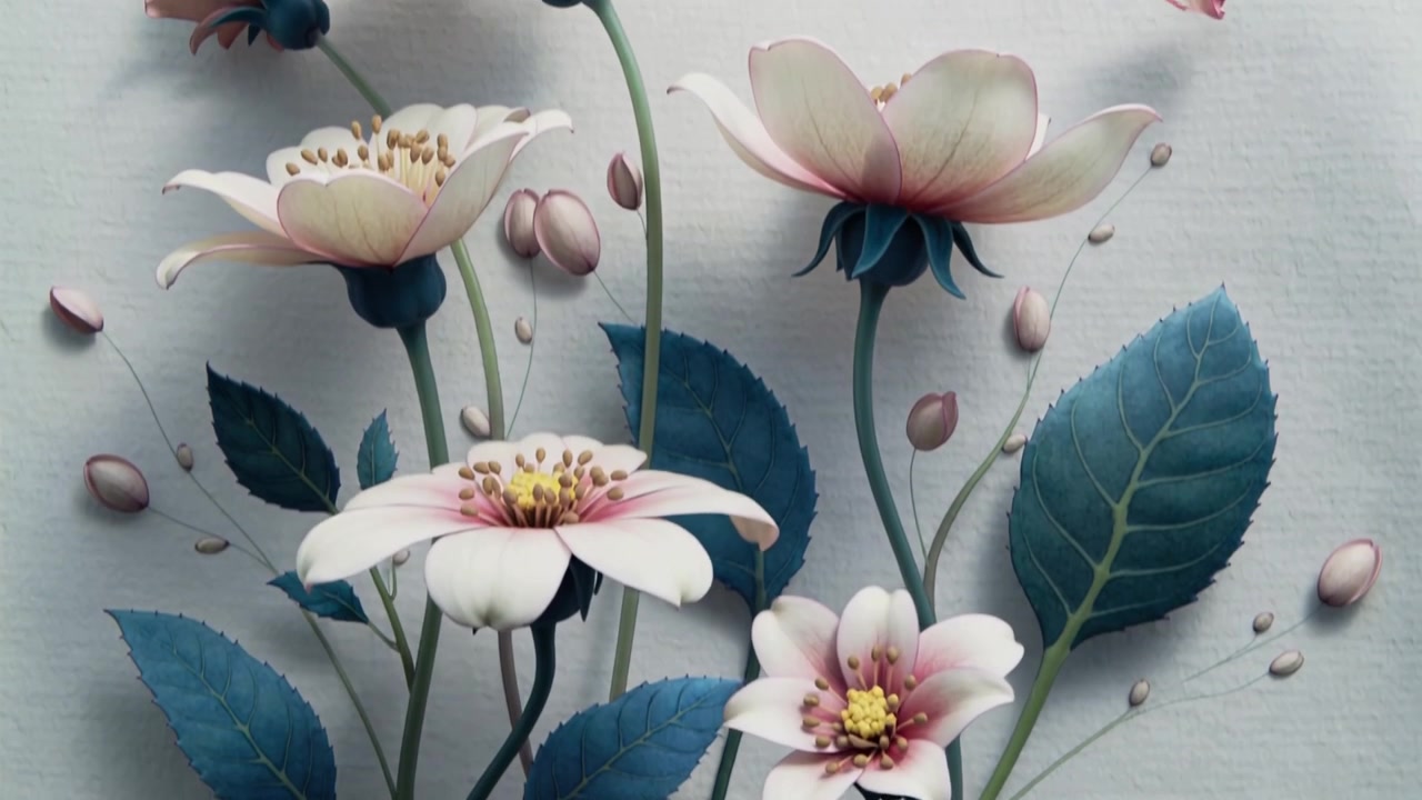 Revelando para baixo flores rosa e caules azul-petróleo em um fundo de papel, com pétalas caindo para revelar a forma.