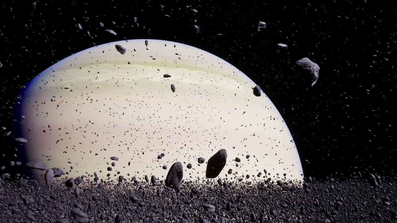 Dramatic view of saturn surrounded by its rings and rocky debris in space
