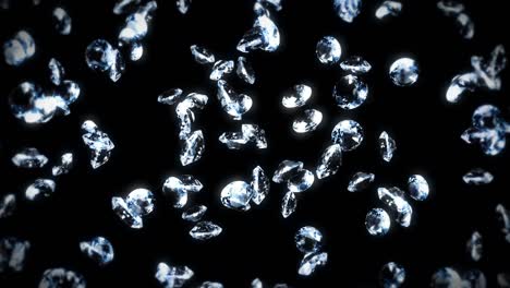 voando muitos diamantes de jóias em fundo preto. brilhar transparente, jóia preciosa. animação 3d de diamantes brilhantes girando. animação de loop.
