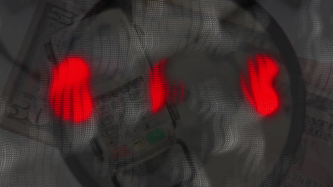 animation of currency, credit card reader seen through magnifying glass with red abstract pattern