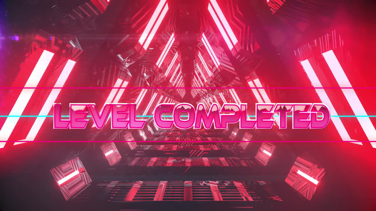Animation of futuristic neon tunnel with bold pink Level Completed text