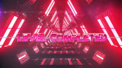 animation of futuristic neon tunnel with bold pink level completed text
