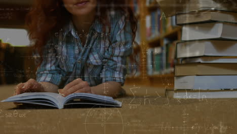 animation of mathematical equations over female student studying in library