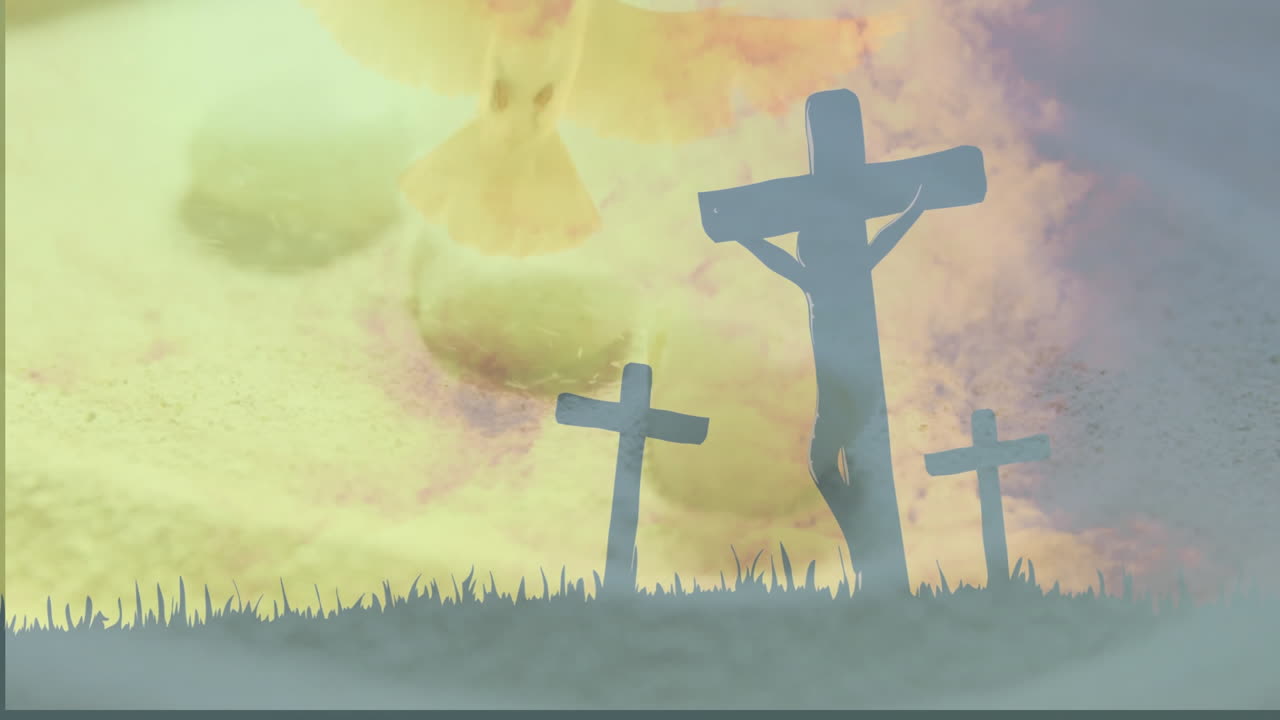 Double-exposure scene showing baby foot imprint blending with cross silhouettes on grassy hill