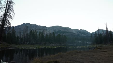 Atemberaubender-Zeitraffer-Des-Wunderschönen-Schmetterlingssees-Im-Uinta-Wasatch-Cache-National-Forest-In-Utah-Mit-Großen-Kiefern,-Seerosenblättern-Und-Felsigen-Bergen-An-Einem-Kalten,-Nebligen-Sommermorgen