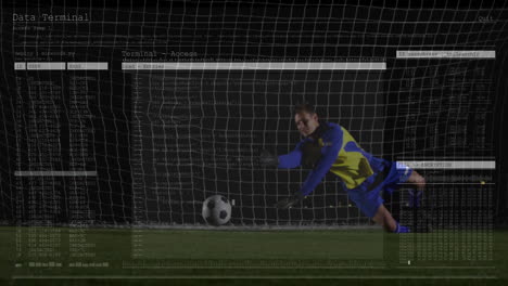 male goalkeeper diving on nighttime soccer pitch showing technology code overlays and encryption