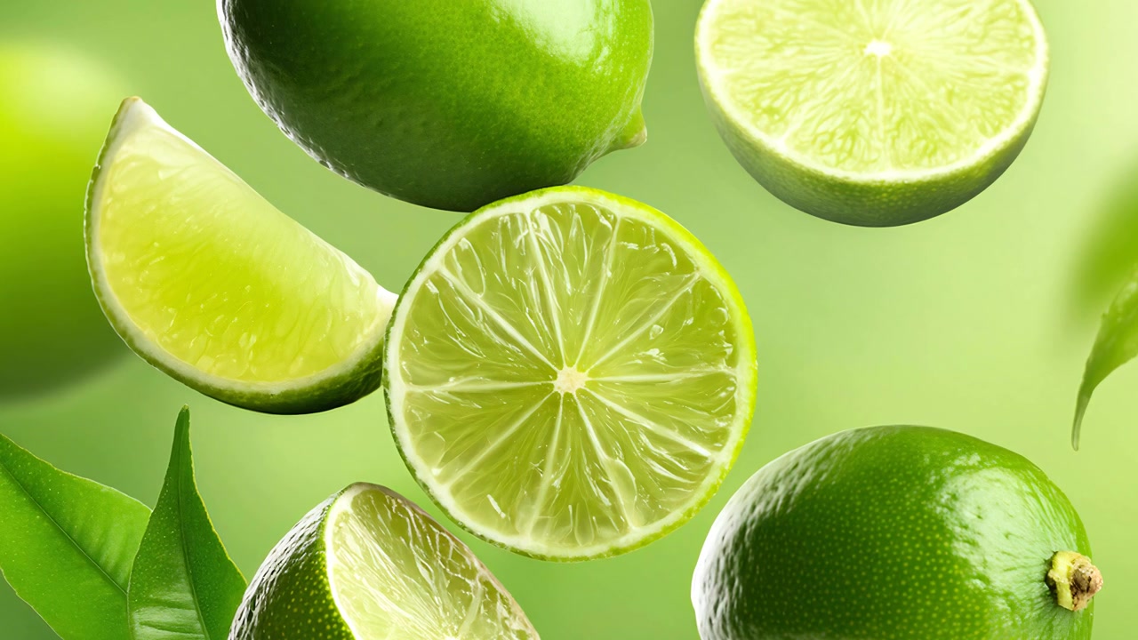 Flying whole and sliced fresh green limes with leaves