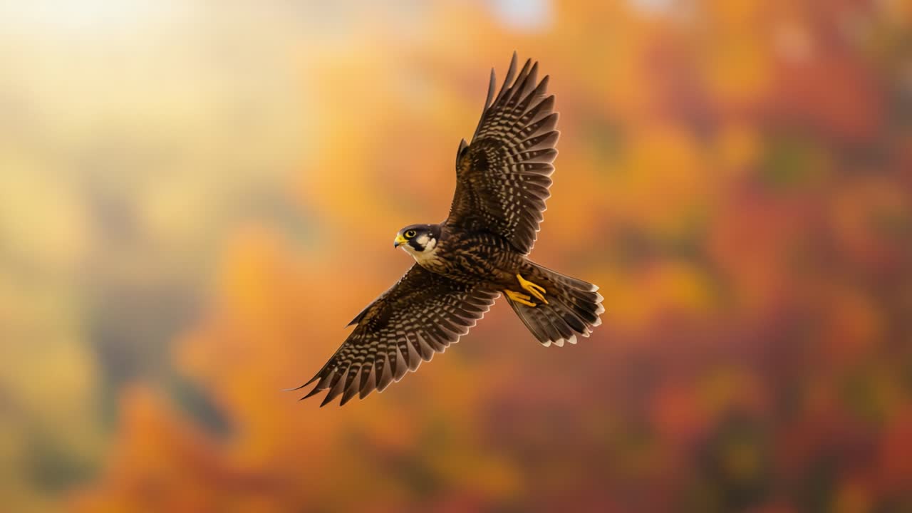 A majestic bird of prey soaring gracefully through a vibrant autumn landscape, showcasing its stunning plumage and aerodynamic prowess in flight