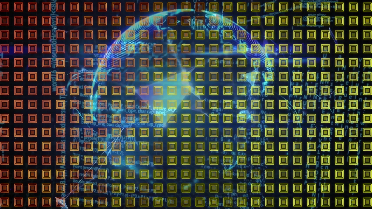 Animation of abstract shapes pattern design over globe of plexus network and data processing