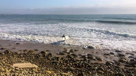 a surfer paddles out into the pacific ocean in ventura, california