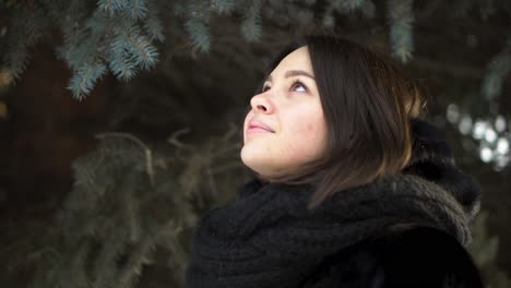 woman looking up at winter trees