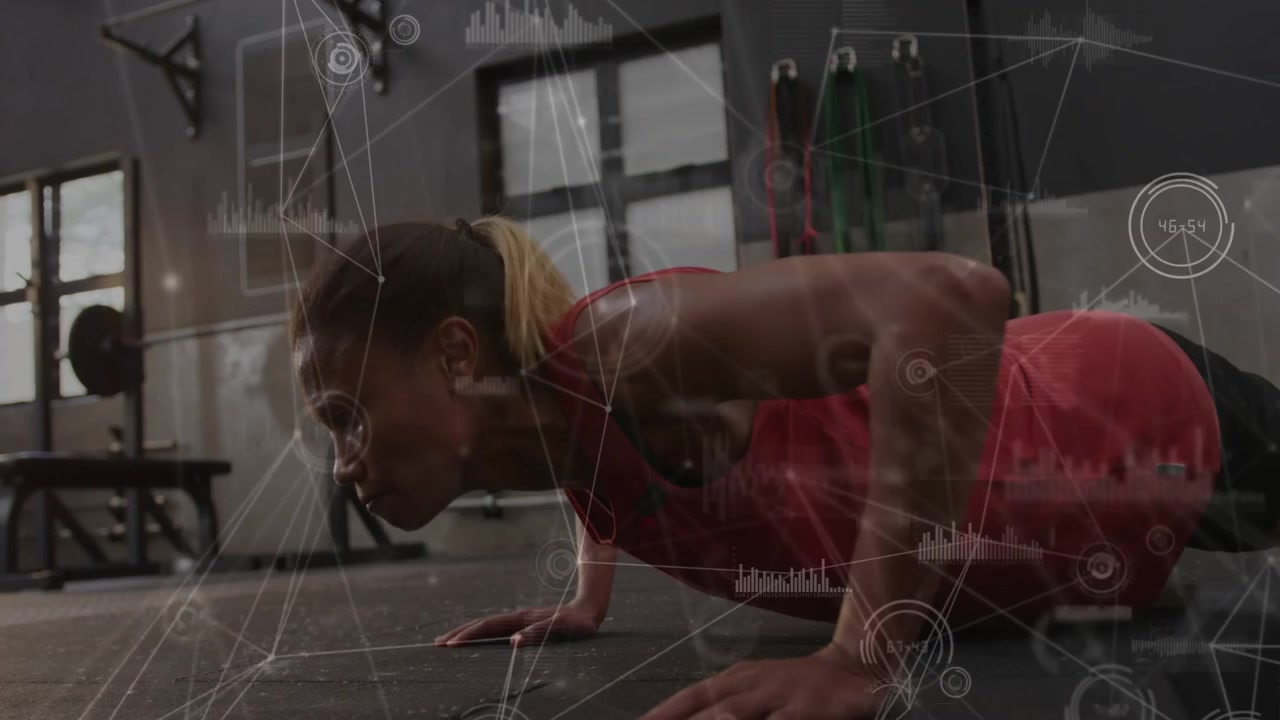 Woman doing pushups in gym, starting plank and lowering chest while HUD tracking form for strength