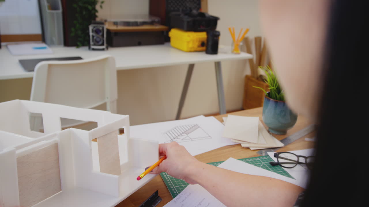 POV Shot Of Desk In Architects Office With Plans Drawing Instruments And Model