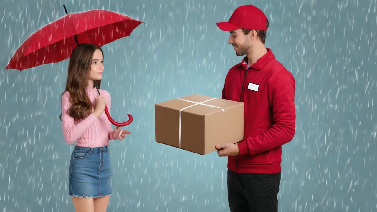 A Joyful Moment of Delivery: A Smiling Woman Receives a Package from a Courteous Delivery Person Under the Rain with Umbrella in a Colorful Setting
