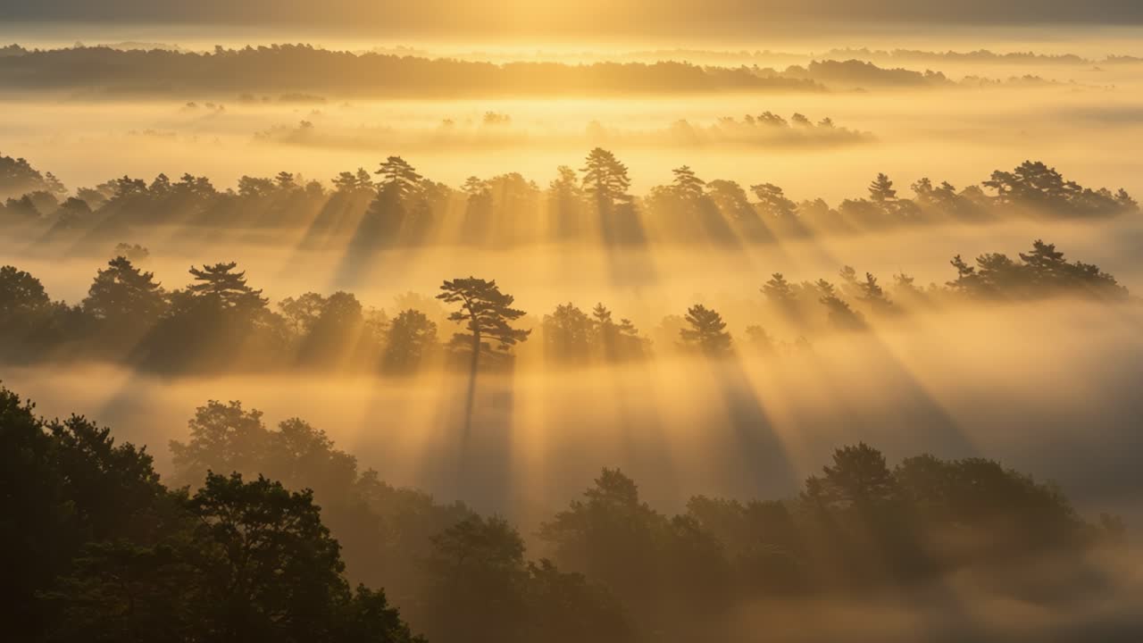 A Stunning Capture of Morning Light Breaking Through the Mist in a Serene Forest Landscape, Highlighting the Beauty of Nature's Tranquility and Peacefulness