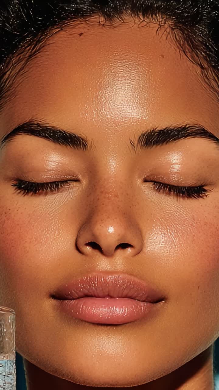 Fesselnde Nahaufnahme eines strahlenden Gesichts mit natürlichem Glow und perfekt geformten Zügen, die eine glatte Haut und einen heiteren Ausdruck unter sanftem Licht betonen