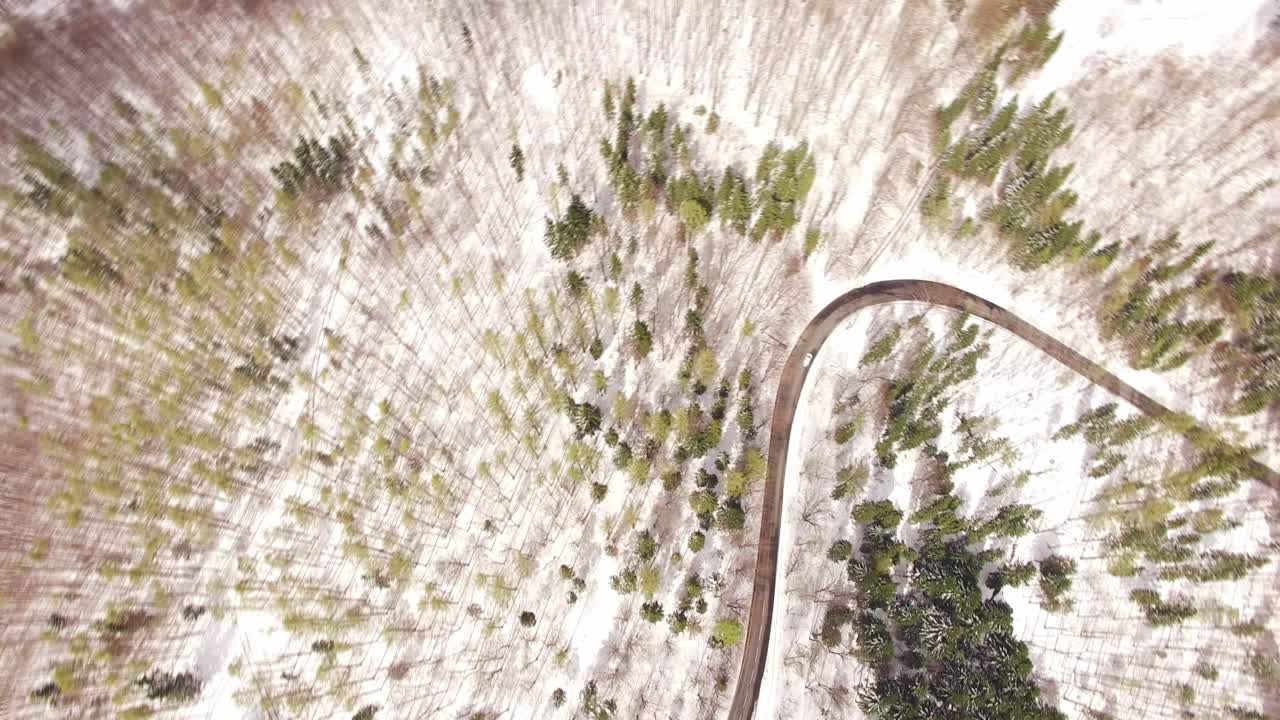 구부러진 아스팔트 도로와 함께 눈  ⁇ 인 숲의 공중 전망