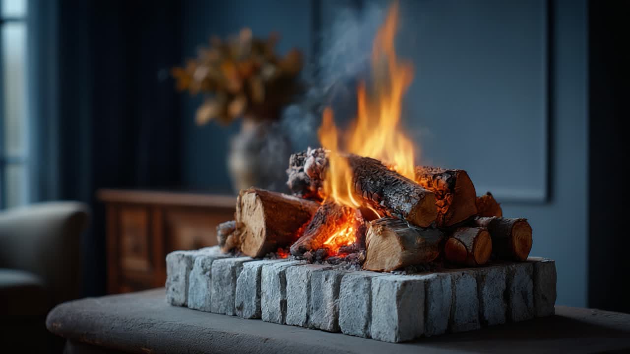 A Cozy Fire Roaring in a Stone Fireplace, Creating a Warm Atmosphere with Vibrant Flames and Crackling Logs, Perfect for a Relaxing Evening Indoors