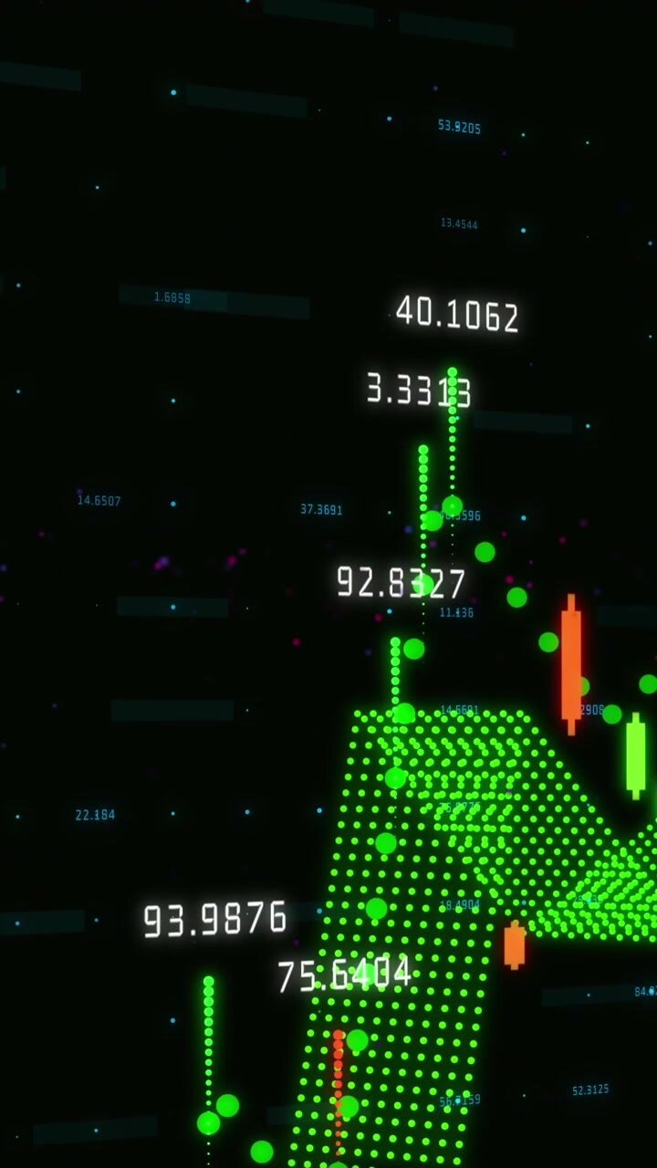 Animation of financial data processing against black background