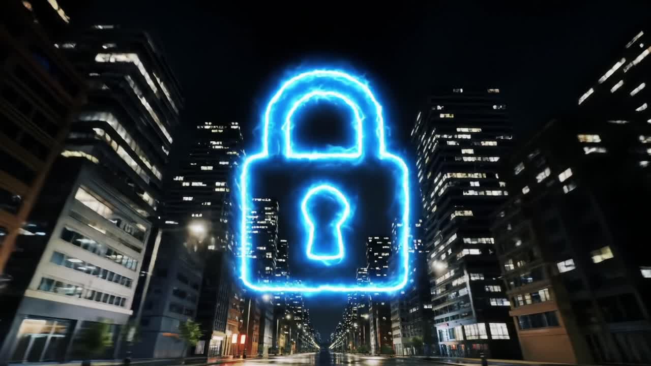 A Glowing Digital Lock Symbol Illuminates a City Street at Night, Signifying Security and Protection in the Urban Digital Landscape