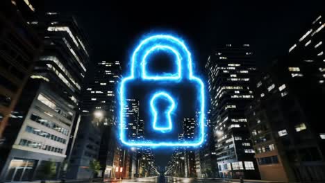 a glowing digital lock symbol illuminates a city street at night, signifying security and protection in the urban digital landscape