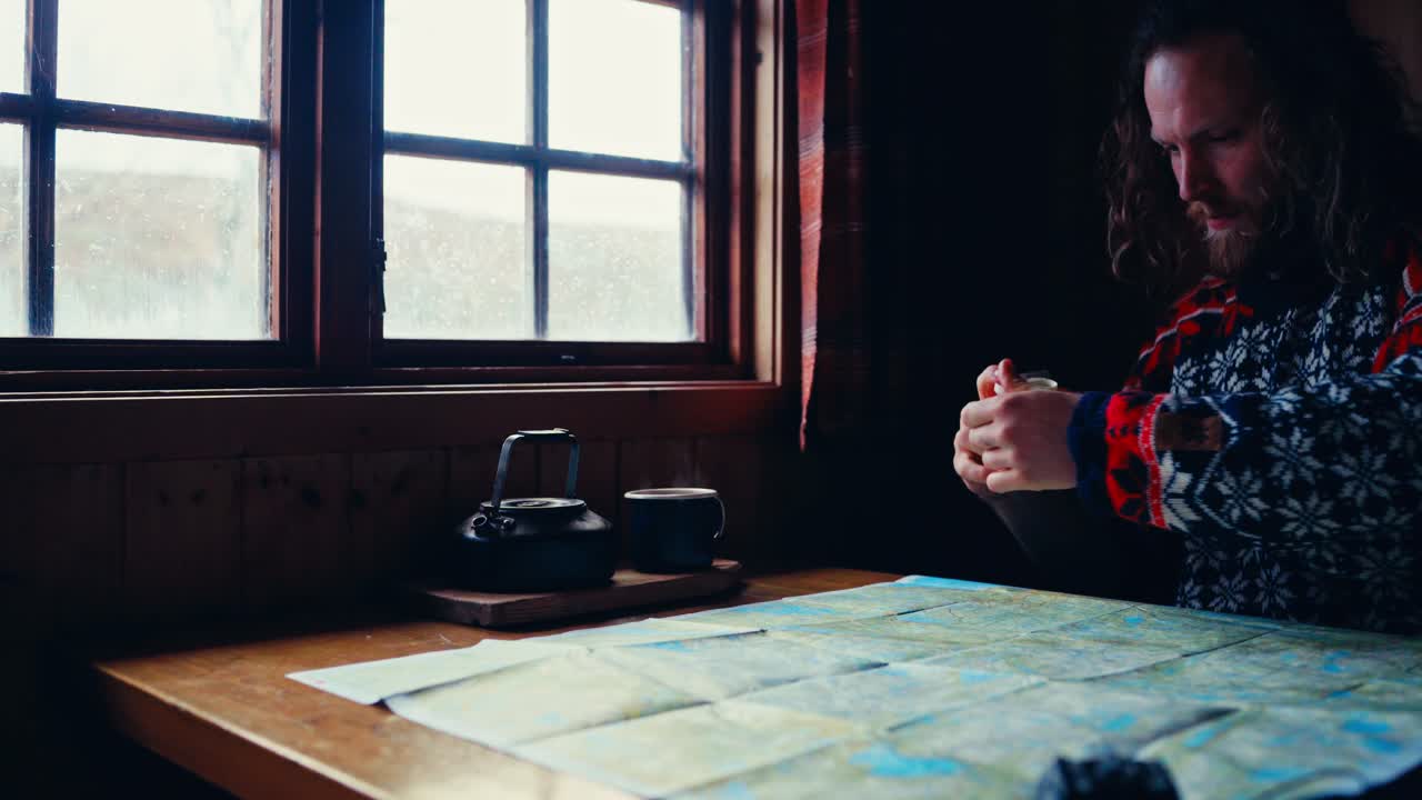 Man In Nordic Sweater Pouring Coffee And Milk Into Mug On Wooden Table By The Window While Looking At Map Spread Out In Front. medium shot
