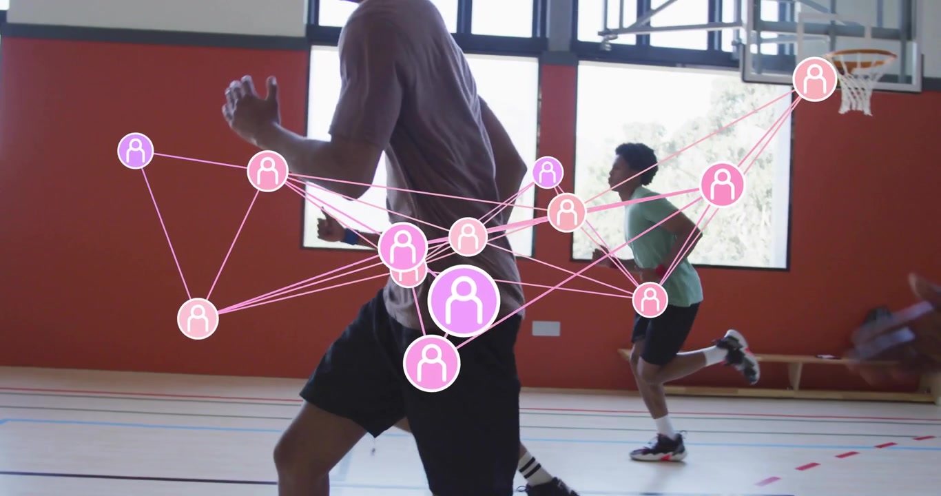 Four men shifting into ready positions, warming up then sprinting under pink network overlay in gym