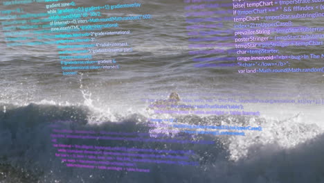 Animation of computer code overlaying ocean waves, blending technology with nature