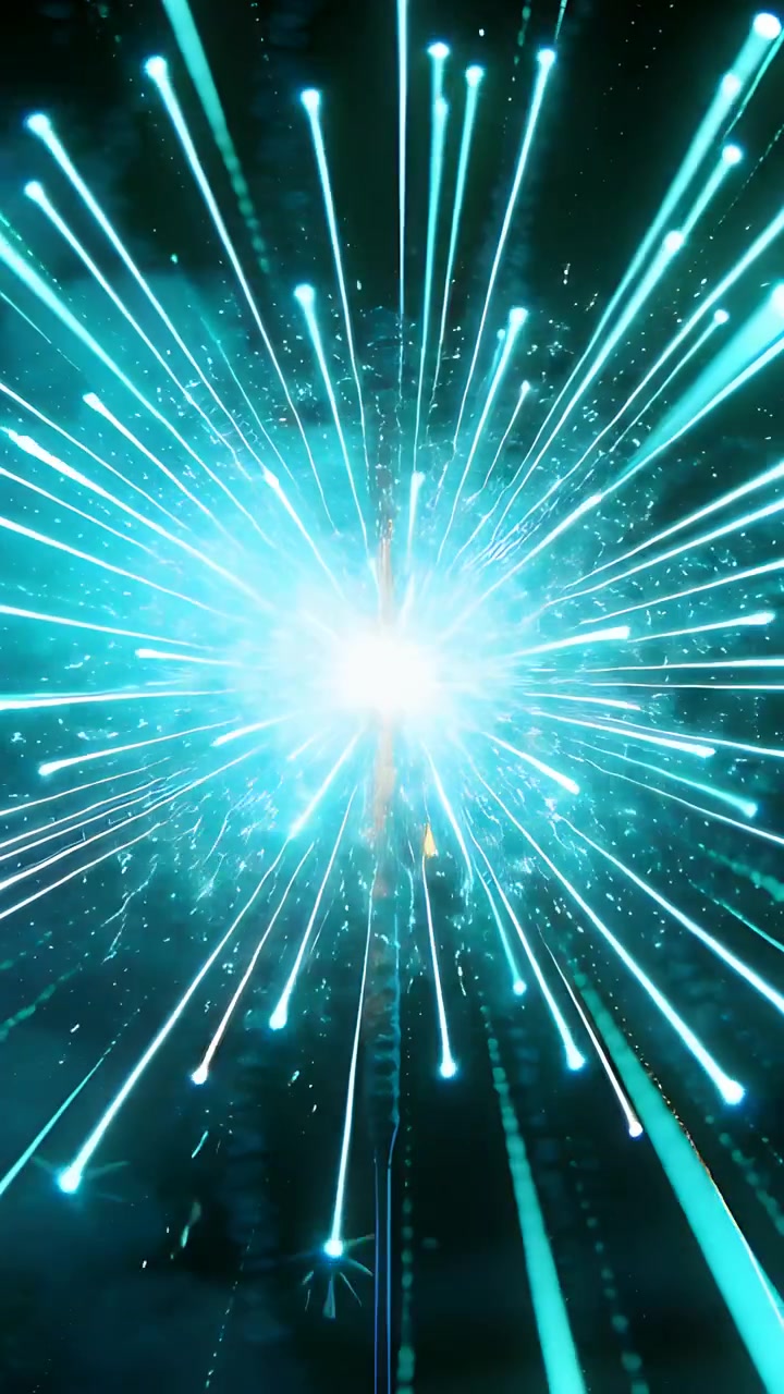 Video verticale: Pirotecnico a terra che si accende emettendo scie ciano di notte, mostrando l'asta.