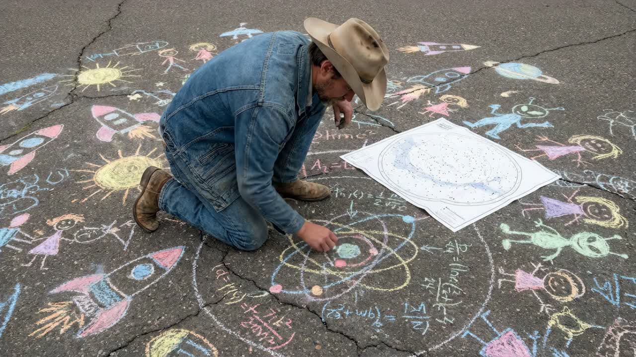 Man drawing space themed chalk art on the asphalt