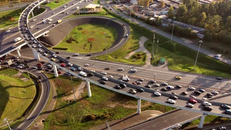 aerial view of a freeway intersection traffic trails in moscow.