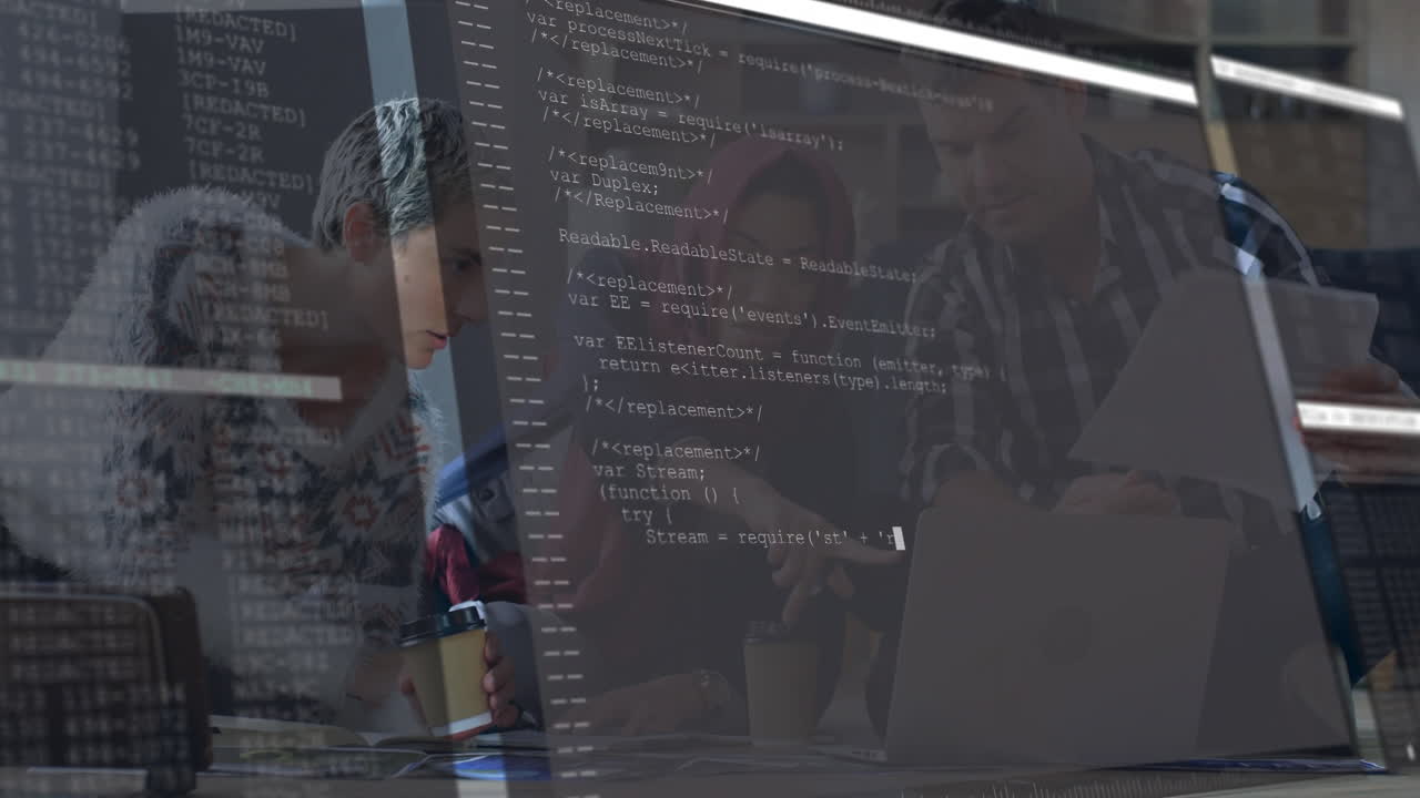 developer leaning over table holding coffee and reviewing code overlay with UX designer and manager