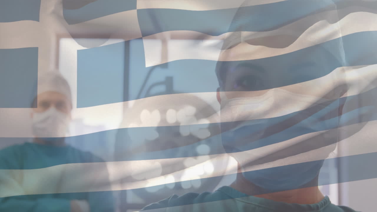 수술실 에 있는 외과 의사 들 위 에 그리스 국기 가 흔들리는 애니메이션