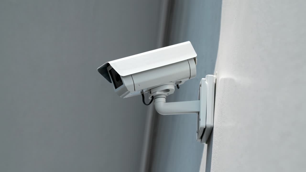 Close-up of a wall-mounted security camera angled downward, capturing video footage