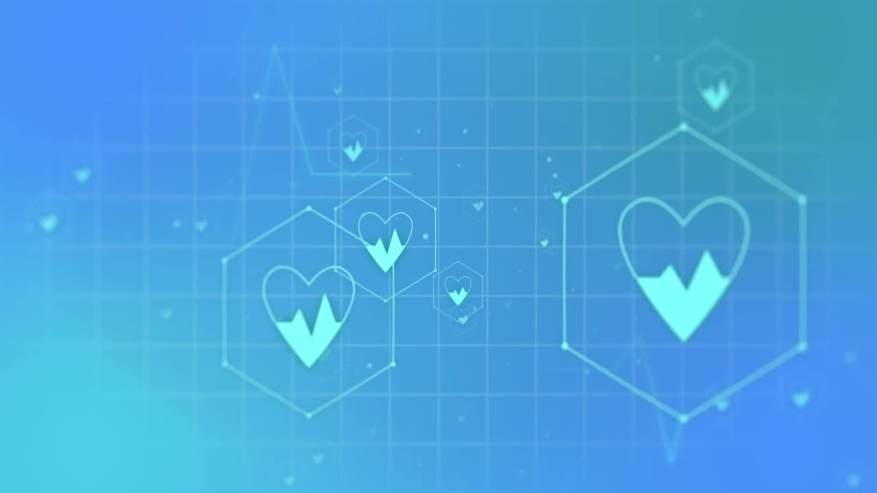 의료 아이콘의 애니메이션과 파란색 배경의 그리드 상의 데이터 처리