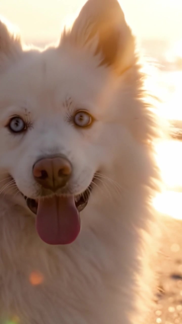 Un maestoso cane bianco si gode un tramonto sulla riva, catturando la bellezza della natura con il suo spirito giocoso e i suoi splendidi occhi azzurri